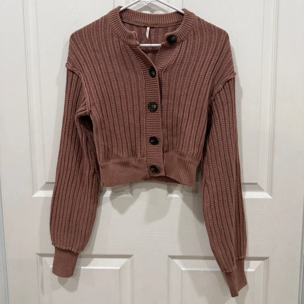 Free People Ribbed Cropped Cardigan Mauve Pink Cotton Balloon Sleeve XS